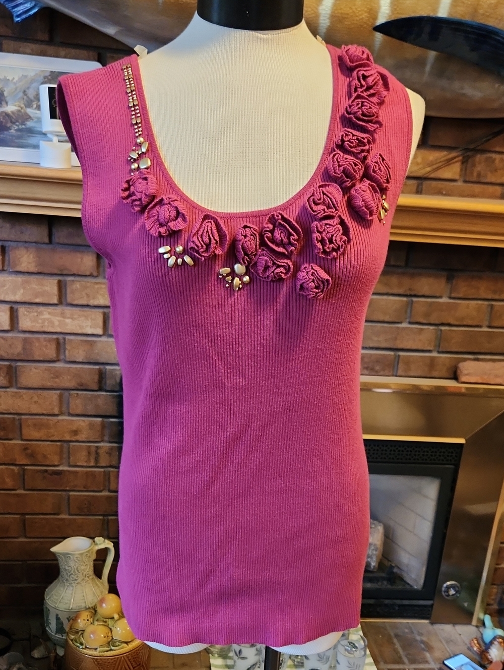 Ruby Rd. Ribbed Sleeveless Tank in Berry Pink 2x Floral Beaded Stretchy Soft